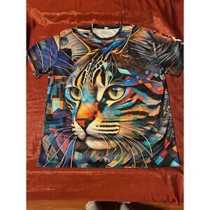 Graphic Cat T-Shirt Mens 3XL Colorful Short Sleeve Large Face Print Polyester